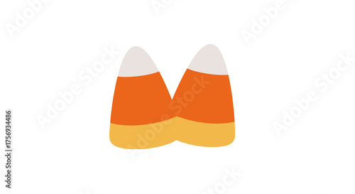 Two candy corn pieces arranged to resemble the letter m symbolizing halloween treats and autumn festivities isolated on white background