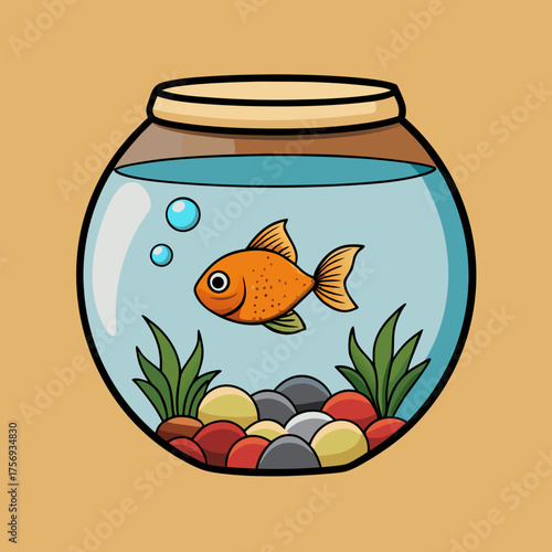 Cute orange goldfish swimming in a round fishbowl with bubbles