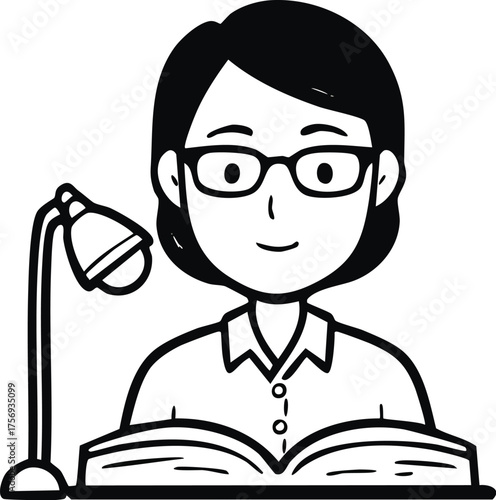 Person Reading a Book Under a Lamp Outline Illustration for Learning and Education