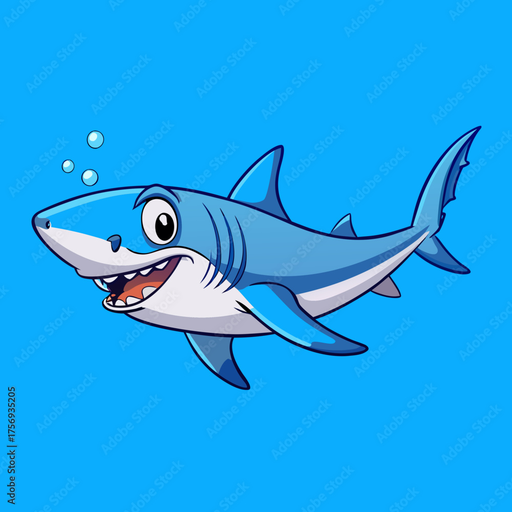 Fototapeta premium Happy cartoon shark swimming in blue water with bubbles