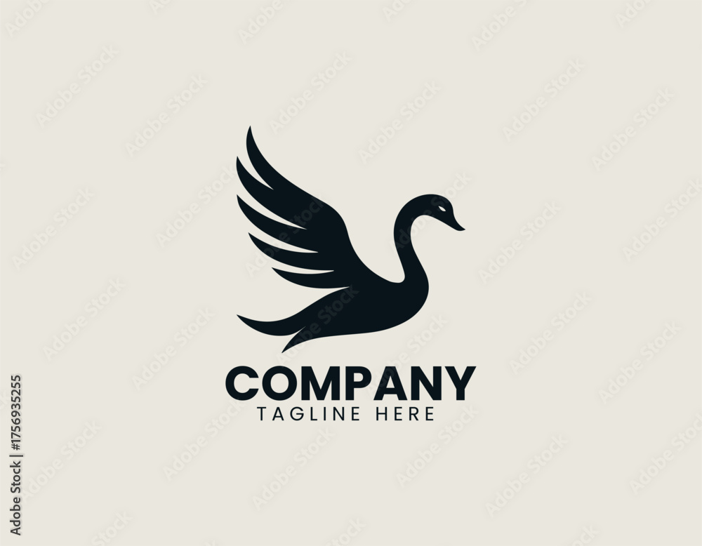 Fototapeta premium Minimal winged flying swan spreading wings gracefully in elegant vector logo design illustration