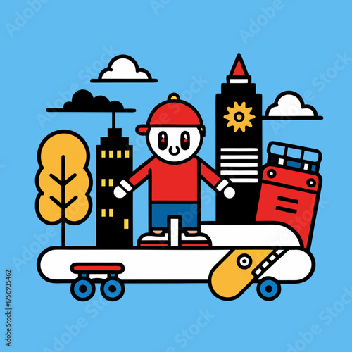Cartoon boy on a skateboard with city buildings and a tree