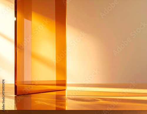 Abstract amber glass panel interacting with warm sunlight, casting intricate patterns and soft shadows on a minimalist surface, creating a serene modern aesthetic with vibrant light
