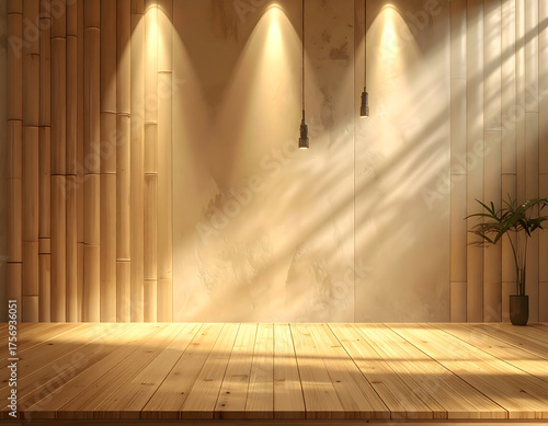 Serene Interior Scene with Bamboo Wall and Spotlight Illumination on Wooden Floor