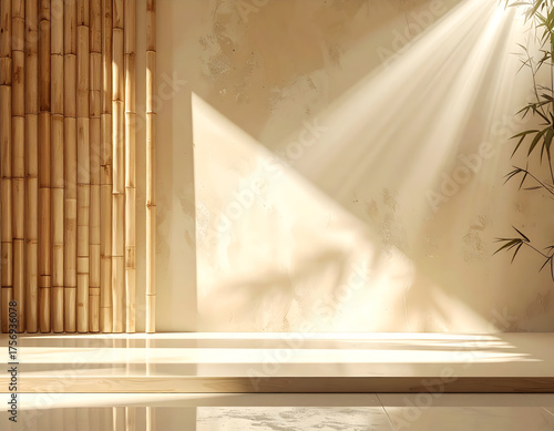 Bright and tranquil interior scene with dramatic sunbeams illuminating a minimalist space, featuring elegant bamboo wall accents and serene natural light