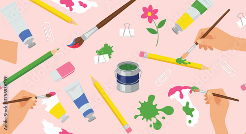 An artistic collection of painting supplies and drawing tools for creative endeavors.