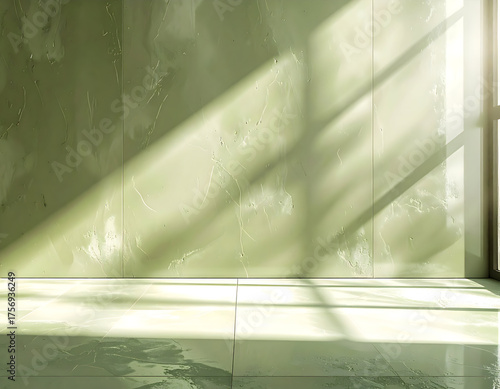 Sunlight streaming through a window, casting geometric shadows on a polished green marble wall and floor, creating a modern, minimalist aesthetic