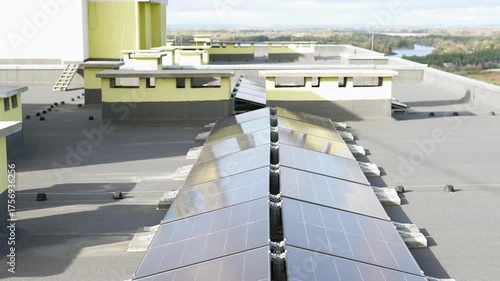 Modern rooftop solar array on a tall building, highlighting sustainable city infrastructure.