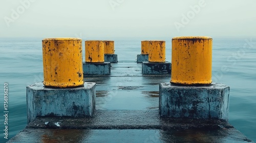 weathered concrete pier with large yellow bollards extending into calm foggy sea under muted sky