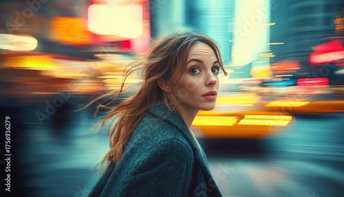 young woman with brown hair wearing gray coat looking back with a thoughtful expression in a busy city with blurred colorful lights and moving traffic