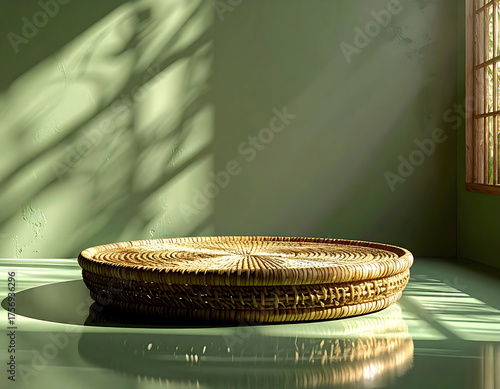 Empty woven basket with dramatic light and shadow on a green background, showcasing a neutral display surface for products