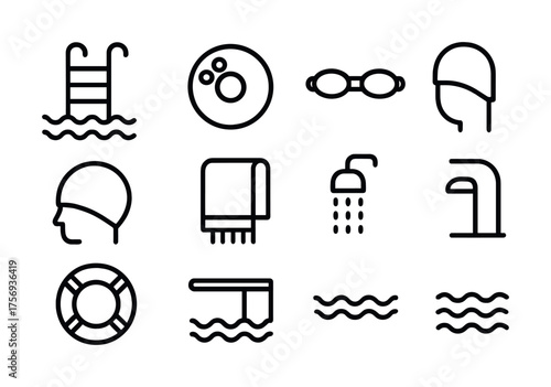 Vector Swimming pool icons: ladder, goggles, cap, towel, shower, faucet, life buoy, waves
