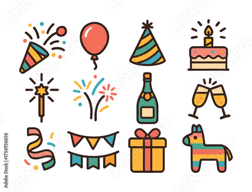 Vector Colorful celebration icons set: party hat, balloon, cake, gift, fireworks, champagne, piñata