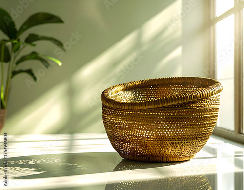 Woven basket bathed in natural sunlight, casting dramatic shadows on a clean surface, with a hint of greenery from a nearby plant