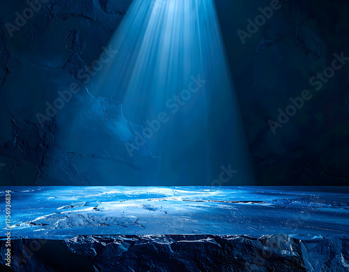 Dynamic Dark Blue Textured Rock Surface Illuminated by Intense Spotlight Beams, Creating an Ethereal Abstract Background for Futuristic Product Displays or Immersive Digital Design Scenes