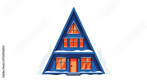 A-frame cabin nestled in the snow with warm inviting windows.