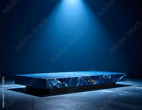 Luxurious blue marble coffee table showcased under a dramatic spotlight on a dark background, evoking elegance and sophistication in a modern setting