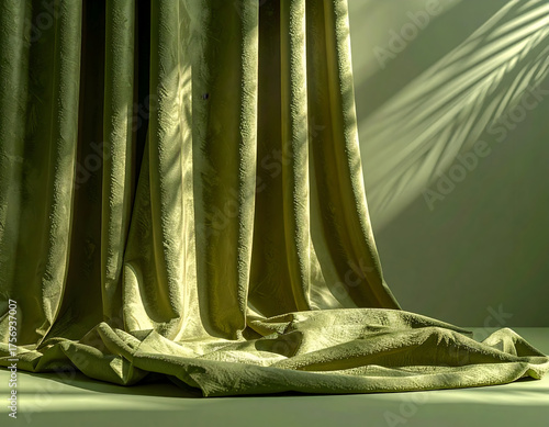Beautifully draped olive green fabric casting soft shadows with gentle light patterns