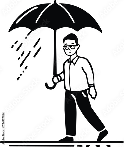 Man Walking in the Rain A Simple Black and White Illustration of Someone Under an Umbrella
