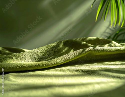 Subtle textured green fabric background with soft natural light and gentle shadows, creating an organic display surface ideal for minimalist product photography and serene graphic themes