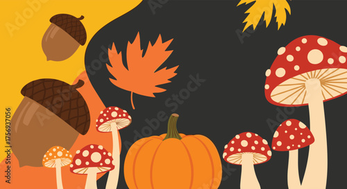 A whimsical collection of autumn elements featuring acorns mushrooms and pumpkin decorations.