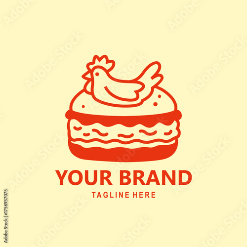 A simple line illustration logo featuring a chicken sitting a top a bun or a burger, Mascot, Vintage, 