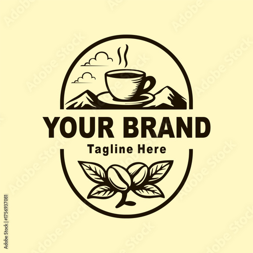 A vintage circular logo design for a coffee brand. The design features a hot cup of coffee against a backdrop of mountains and clouds