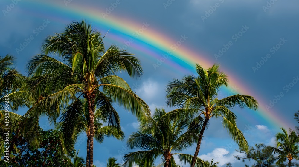 Obraz premium Lush palm trees frame a vibrant rainbow under a cloudy sky.