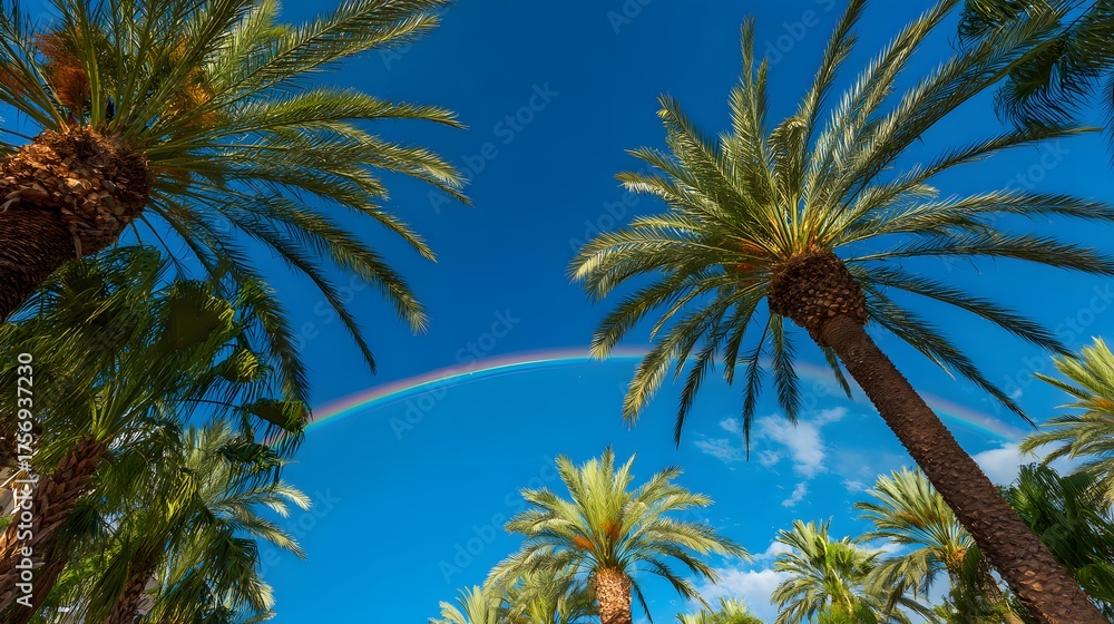 Obraz premium Tall palm trees reach for a bright blue sky with a faint rainbow.