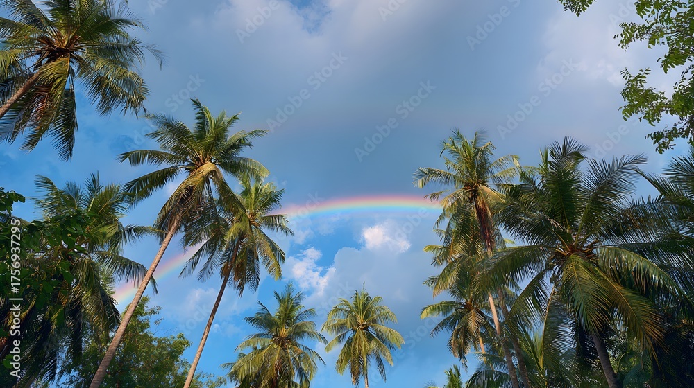 Obraz premium Palm trees frame a vibrant rainbow arching across a tropical sky.