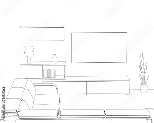 A minimalist contour drawing of a living room interior featuring a comfortable couch, a side table with a lamp, and a decorative potted plant.