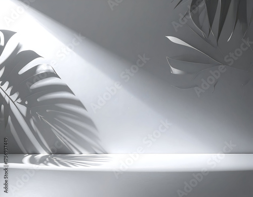 Minimalist monochrome studio background with strong tropical palm leaf shadows and dramatic spotlight illumination, ideal for product display or cosmetic showcasing