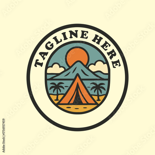 Vintage camping logo design with a tent, mountain, palm trees, and sunset. Outdoor adventure and travel emblem in retro style.