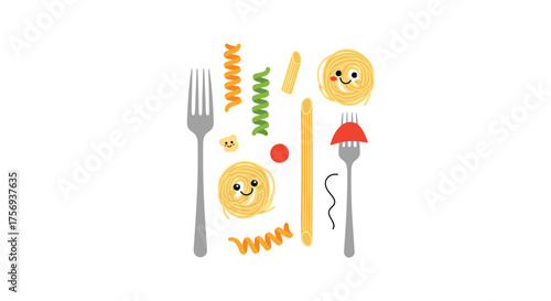 A delightful arrangement of various pasta shapes and forks creating a playful culinary scene.
