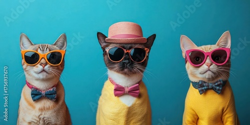 Three stylish cats wearing colorful sunglasses, bow ties and a hat against a bright blue background, showing a playful and fashionable vibe