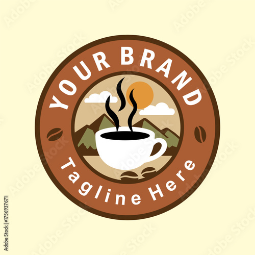 Circular coffee logo badge featuring an outdoor and nature theme.