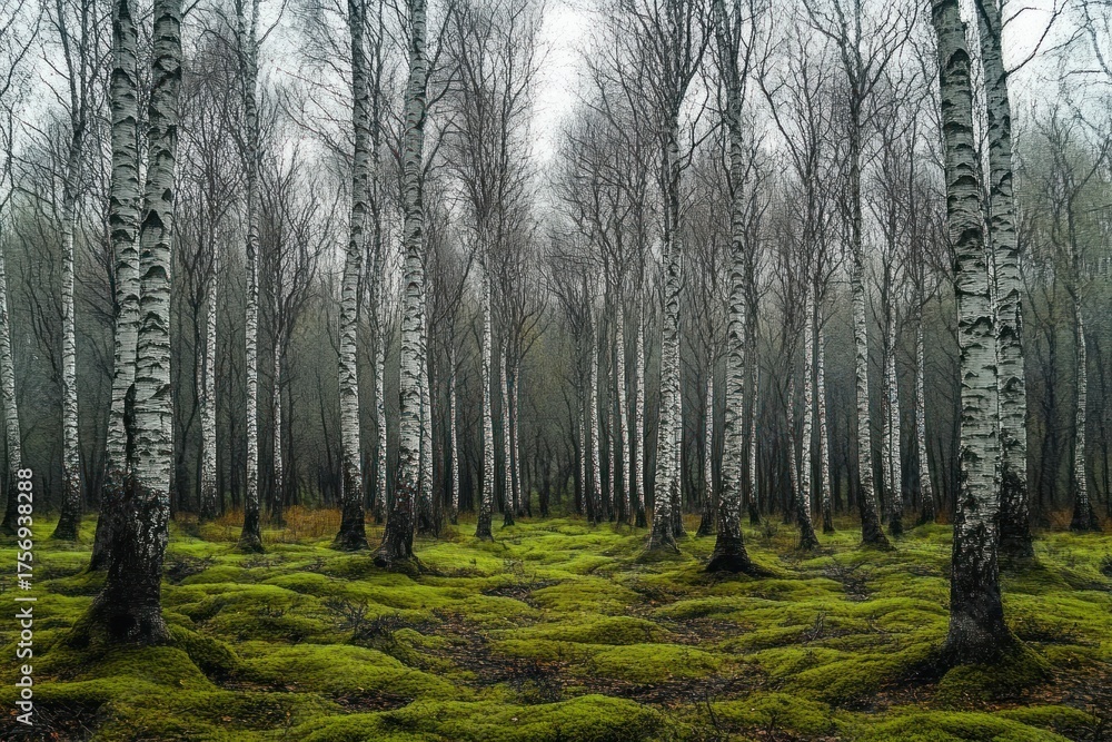 Fototapeta premium Dense forest of tall birch trees with white bark and no leaves over a vibrant green moss-covered ground under a misty sky