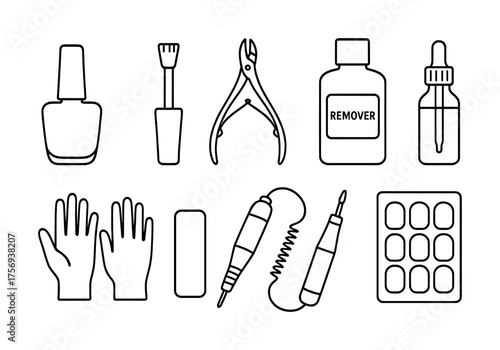 Vector Manicure tools set outline: nail polish, clipper, remover, gloves, file, drill