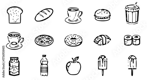 Food and Drink Icon Collection-bread, coffee, tea, burger, pizza, donut, sushi, water bottle, apple, and ice cream