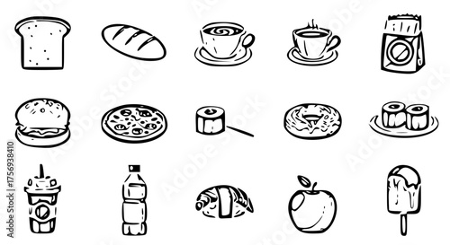 Food and Drink Icon Collection-bread, coffee, tea, burger, pizza, donut, sushi, water bottle, apple, and ice cream