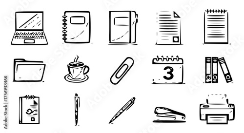 Office and Work Icon Collection-laptop, notebook, document, file folder, coffee cup, calendar, paperclip, pen, stapler, and printer.