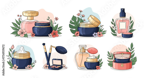 Elegant collection of beauty products and cosmetics for skincare and makeup.