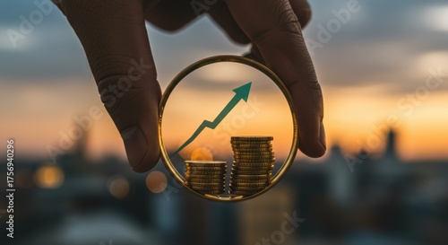 Person holding gold coins stacked high with green arrow graph showing upward trend against sunset city skyline background