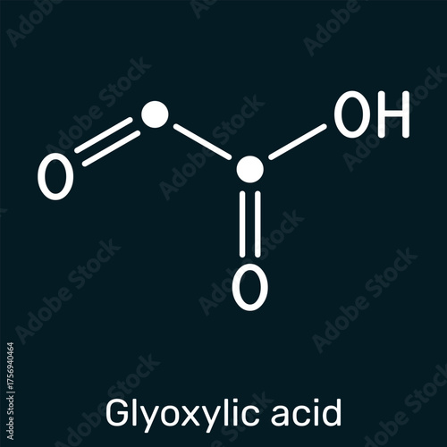 Glyoxylic acid molecule. Synthesis of hydroxyphenylglycine and amoxicillin precursor; hair straightening cosmetic chemistry; glyoxylate cycle metabolism. Vector illustration, dark blue background