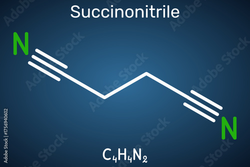 Succinonitrile molecule. Plastic crystal electrolyte for solid-state Li-ion batteries, phase-change thermal storage PCM, polymer composites for higher ionic conductivity. Vector illustration