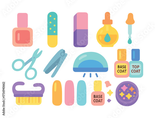 Vector Colorful nail care icons featuring polish, tools, and accessories