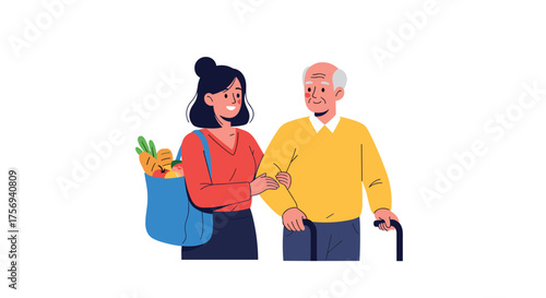 A young woman helps an elderly man with groceries.