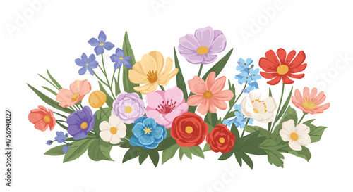 A vibrant collection of assorted wildflowers in full bloom arranged in a lush green bouquet.