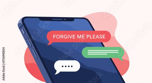 A mobile phone displays a text message bubble with the words forgive me please and another bubble with ellipses indicating ongoing conversation.