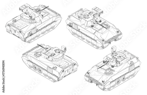 Four military tanks in wireframe 3D model form, arranged in a line on a white background. Each tank features unique details like the turret, tracks, and chassis. Isometric view